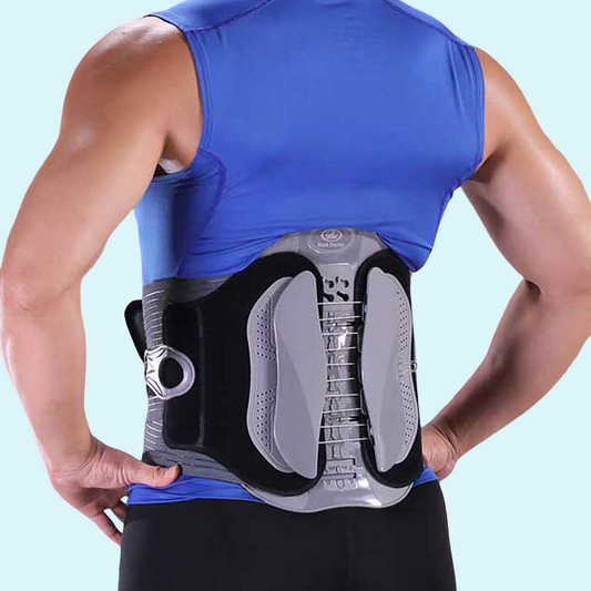 Man wearing Flexback Pro Lumbar Support Belt to relieve back pain and improve posture.