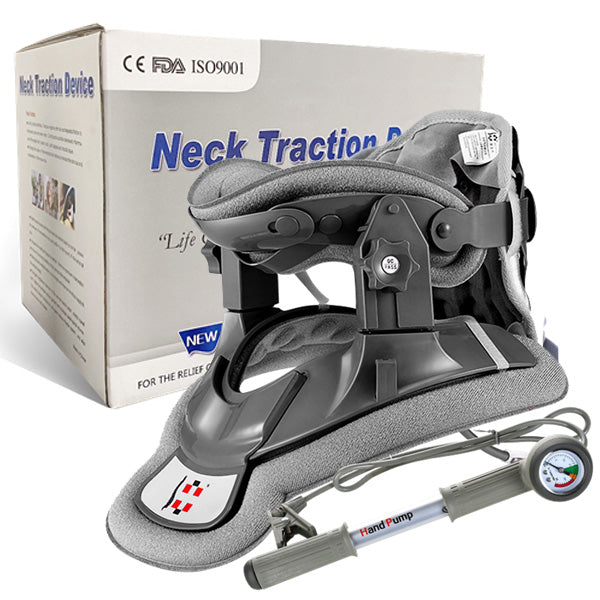 Traction Plus KG300 neck traction device with adjustable straps and hand pump for neck pain relief.