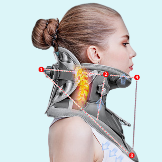 Profile view of a woman using the Traction Plus KG300 Neck Traction Device, illustrating spinal alignment and pain relief features.