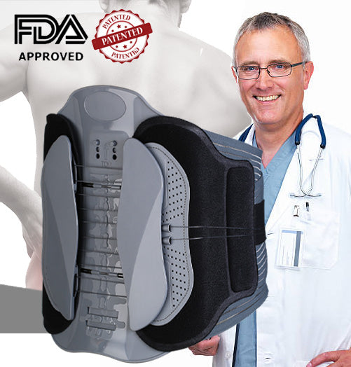 FDA approved Flexback Pro lumbar support belt next to a smiling doctor, promoting back pain relief and posture improvement.